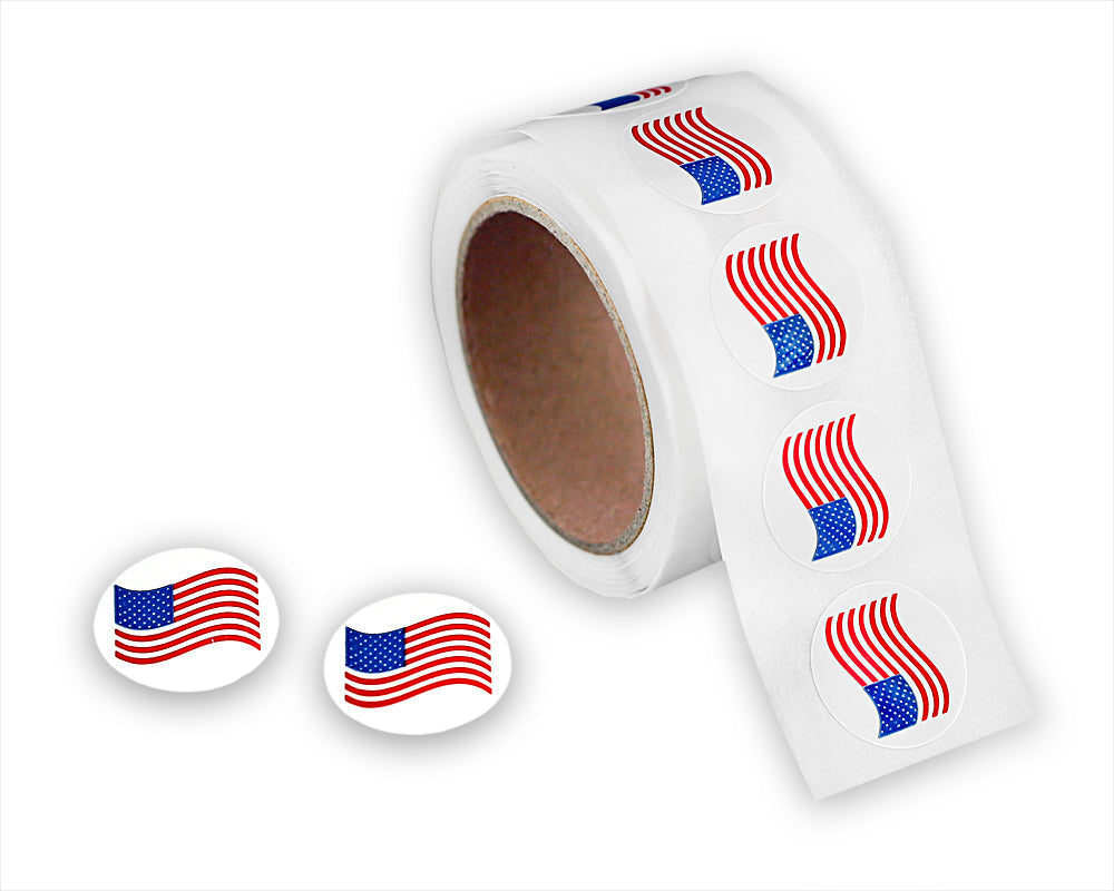 250 Small 3/4 Inch Round American Flag Stickers (250 per Roll)