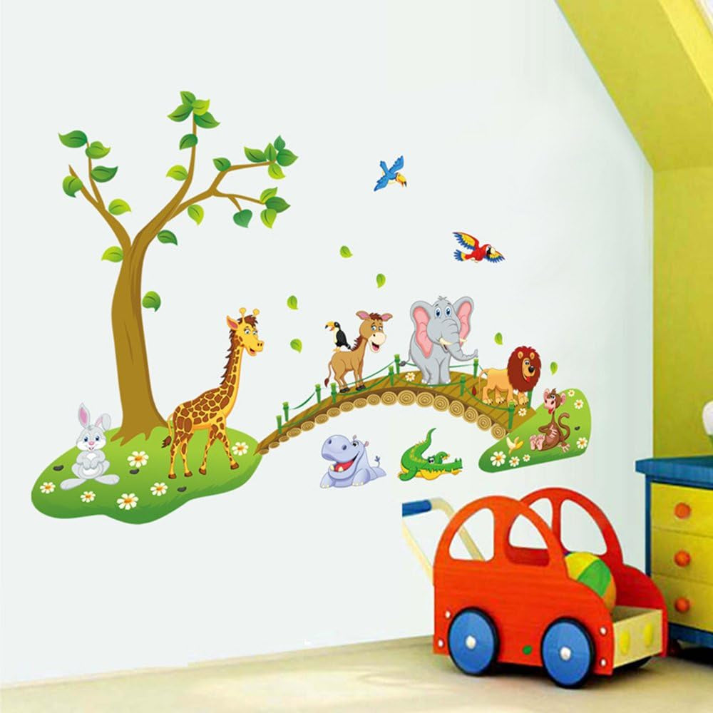 Jungle Animals Tree Lion Giraffe Elephant Wall Decals Stickers