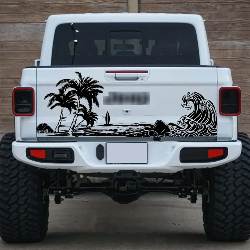 Large Beach Wave Palm Tree Car Sticker Decal | Summer Surf Nature Ocean Landscape for Pickup Tailgate Camping RV Caravan