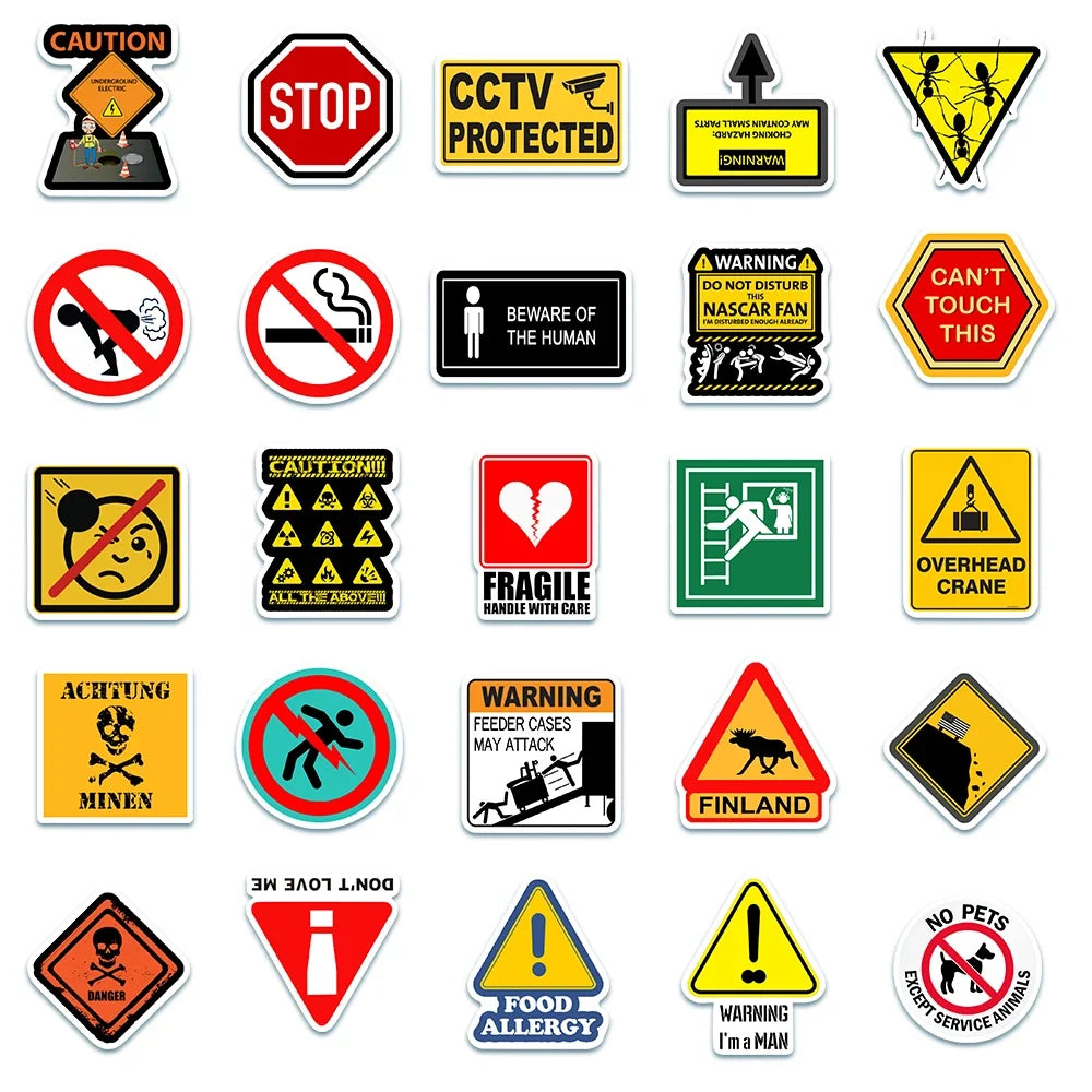 Funny Warning Sign Vinyl Sticker Pack, 50 Pieces
