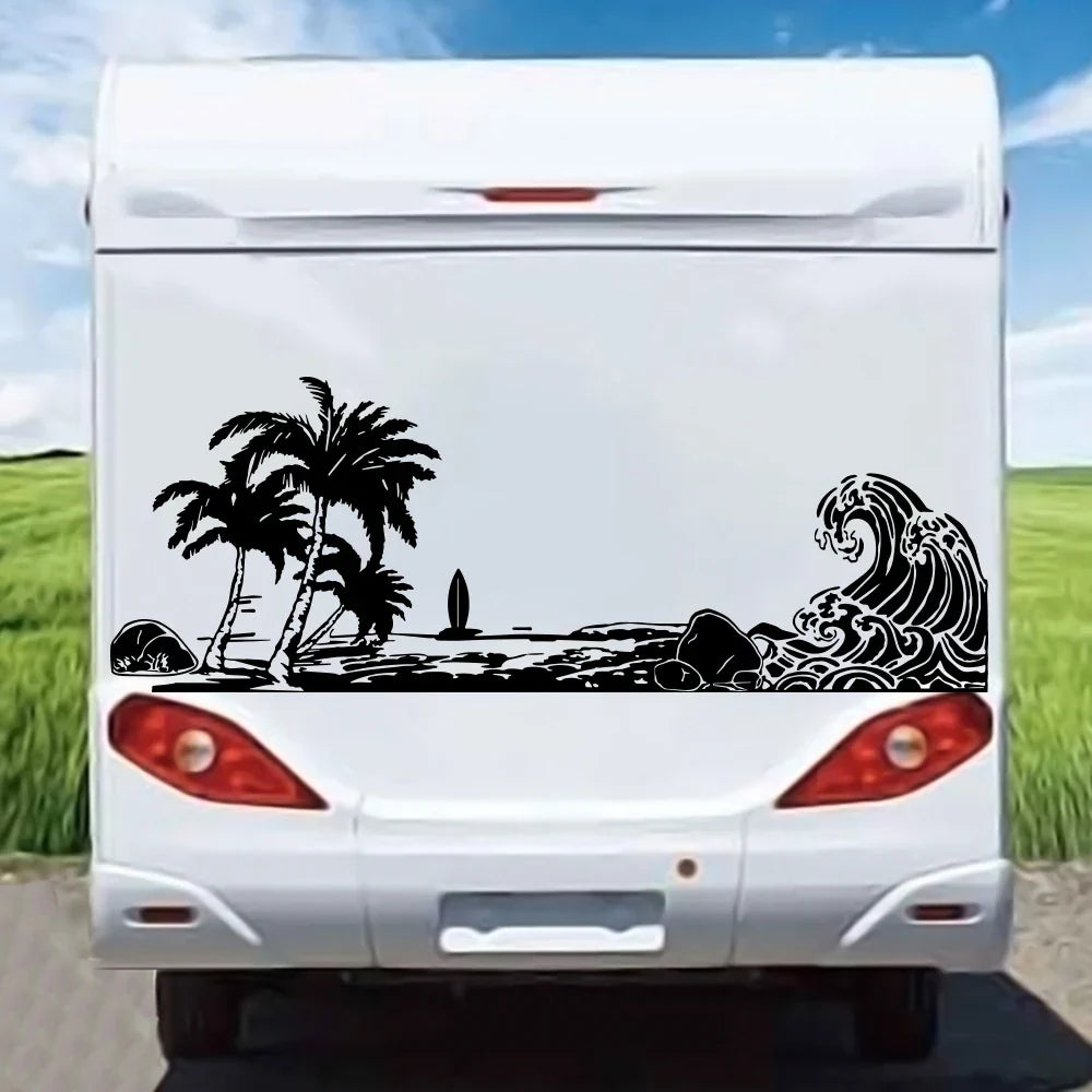 Large Beach Wave Palm Tree Car Sticker Decal | Summer Surf Nature Ocean Landscape for Pickup Tailgate Camping RV Caravan