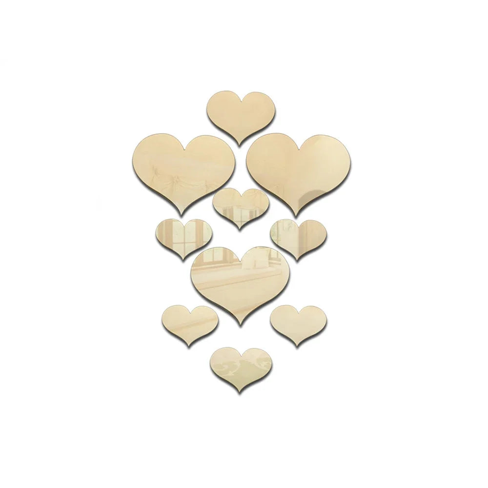 10Pcs Acrylic Love Heart Wall Stickers | Mirror 3D Decals for Home Decor
