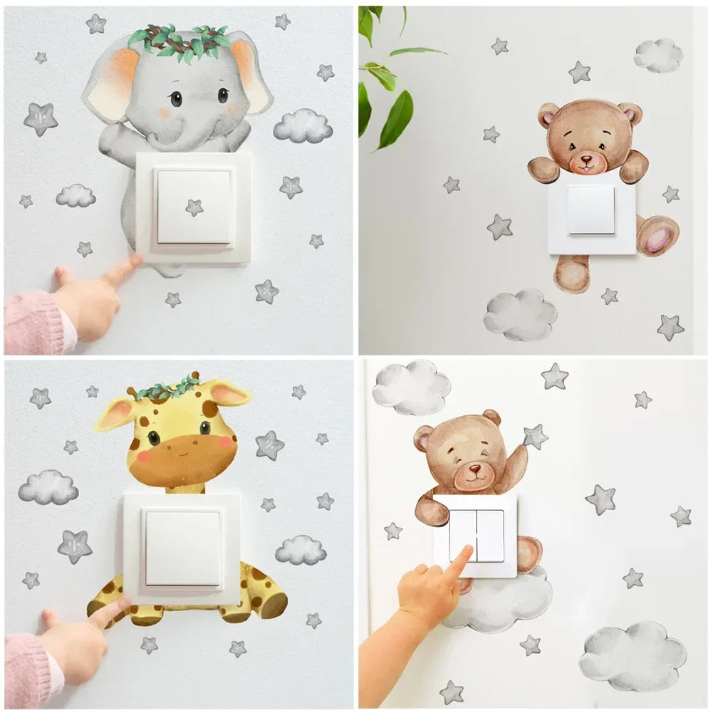 Cartoon Giraffe Panda Elephant Wall Stickers - Kids Bedroom & Light Switch Decals