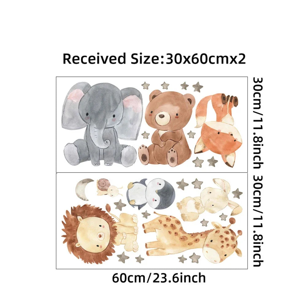 Watercolor Africa Animals Wall Decals – Elephant, Giraffe, Bear & Fox Kids Room Sticker (130×40 cm / 51×17 in)