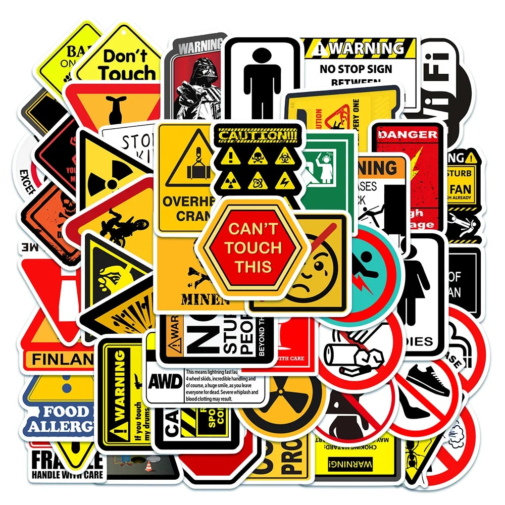 Funny Warning Sign Vinyl Sticker Pack, 50 Pieces