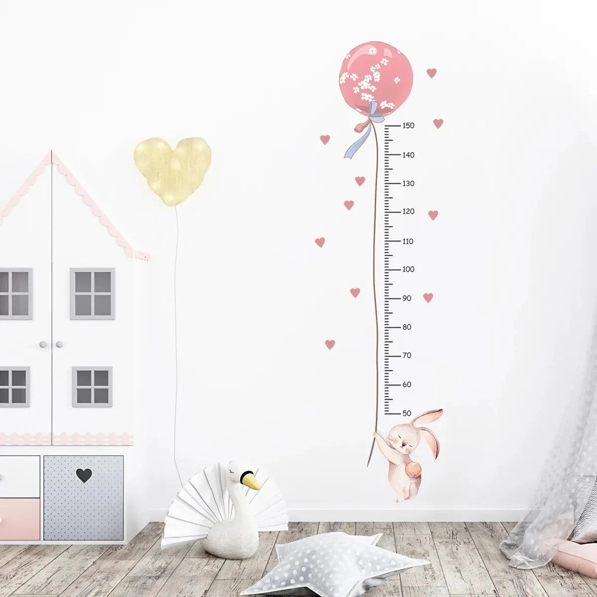 2-Pack Pink Rabbit Balloon Height Chart Wall Decals - Cute Kids Growth Measurement Stickers for Nursery & Bedroom