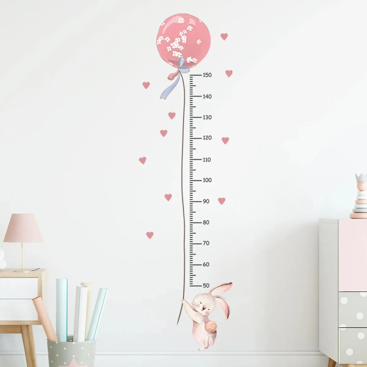 2-Pack Pink Rabbit Balloon Height Chart Wall Decals - Cute Kids Growth Measurement Stickers for Nursery & Bedroom