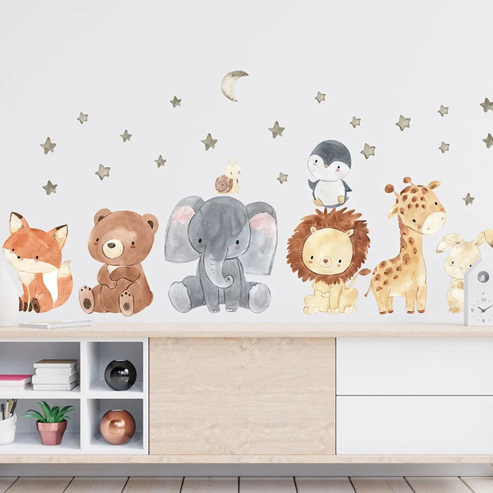 Watercolor Africa Animals Wall Decals – Elephant, Giraffe, Bear & Fox Kids Room Sticker (130×40 cm / 51×17 in)