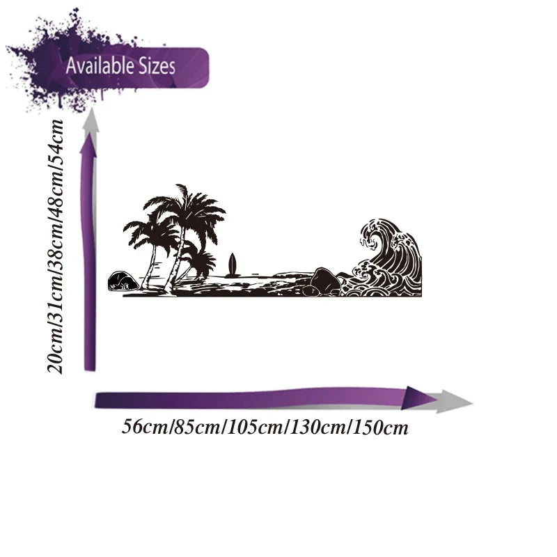 Large Beach Wave Palm Tree Car Sticker Decal | Summer Surf Nature Ocean Landscape for Pickup Tailgate Camping RV Caravan
