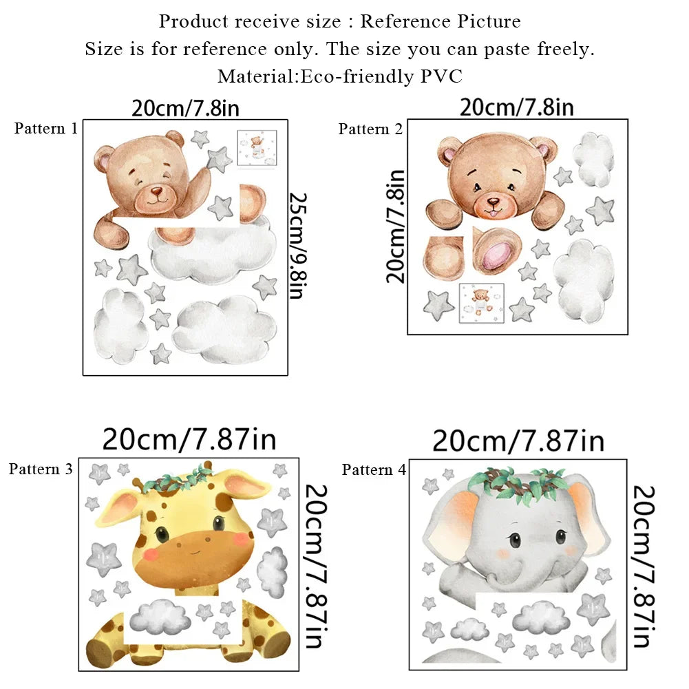 Cartoon Giraffe Panda Elephant Wall Stickers - Kids Bedroom & Light Switch Decals
