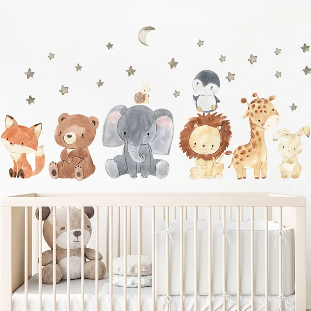 Watercolor Africa Animals Wall Decals – Elephant, Giraffe, Bear & Fox Kids Room Sticker (130×40 cm / 51×17 in)