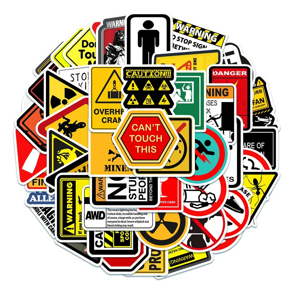 Funny Warning Sign Vinyl Sticker Pack, 50 Pieces