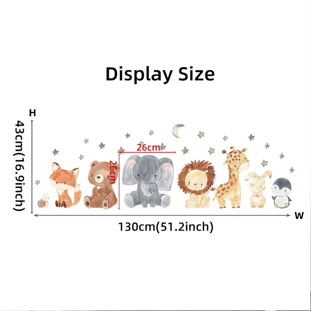 Watercolor Africa Animals Wall Decals – Elephant, Giraffe, Bear & Fox Kids Room Sticker (130×40 cm / 51×17 in)