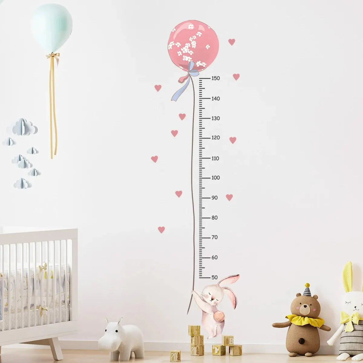2-Pack Pink Rabbit Balloon Height Chart Wall Decals - Cute Kids Growth Measurement Stickers for Nursery & Bedroom