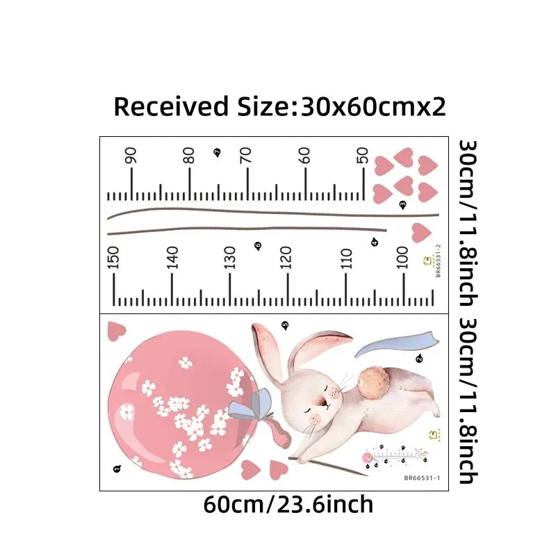 2-Pack Pink Rabbit Balloon Height Chart Wall Decals - Cute Kids Growth Measurement Stickers for Nursery & Bedroom