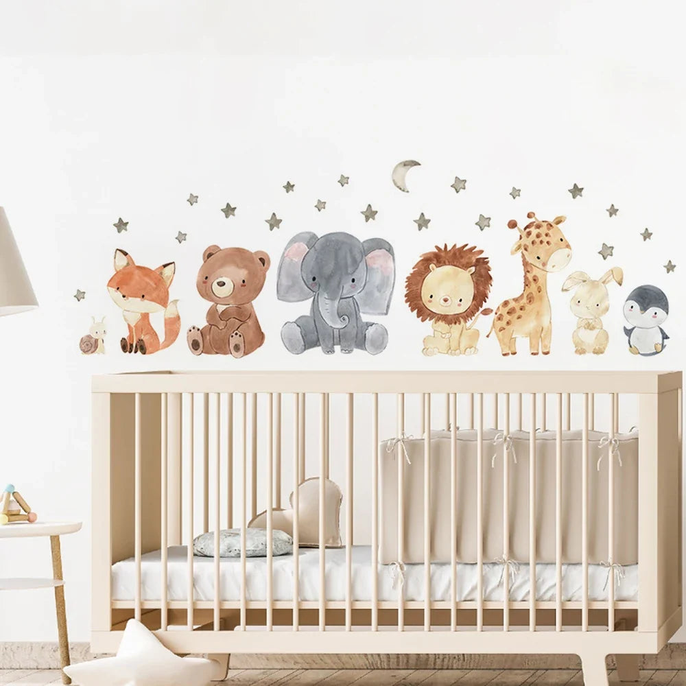 Watercolor Africa Animals Wall Decals – Elephant, Giraffe, Bear & Fox Kids Room Sticker (130×40 cm / 51×17 in)