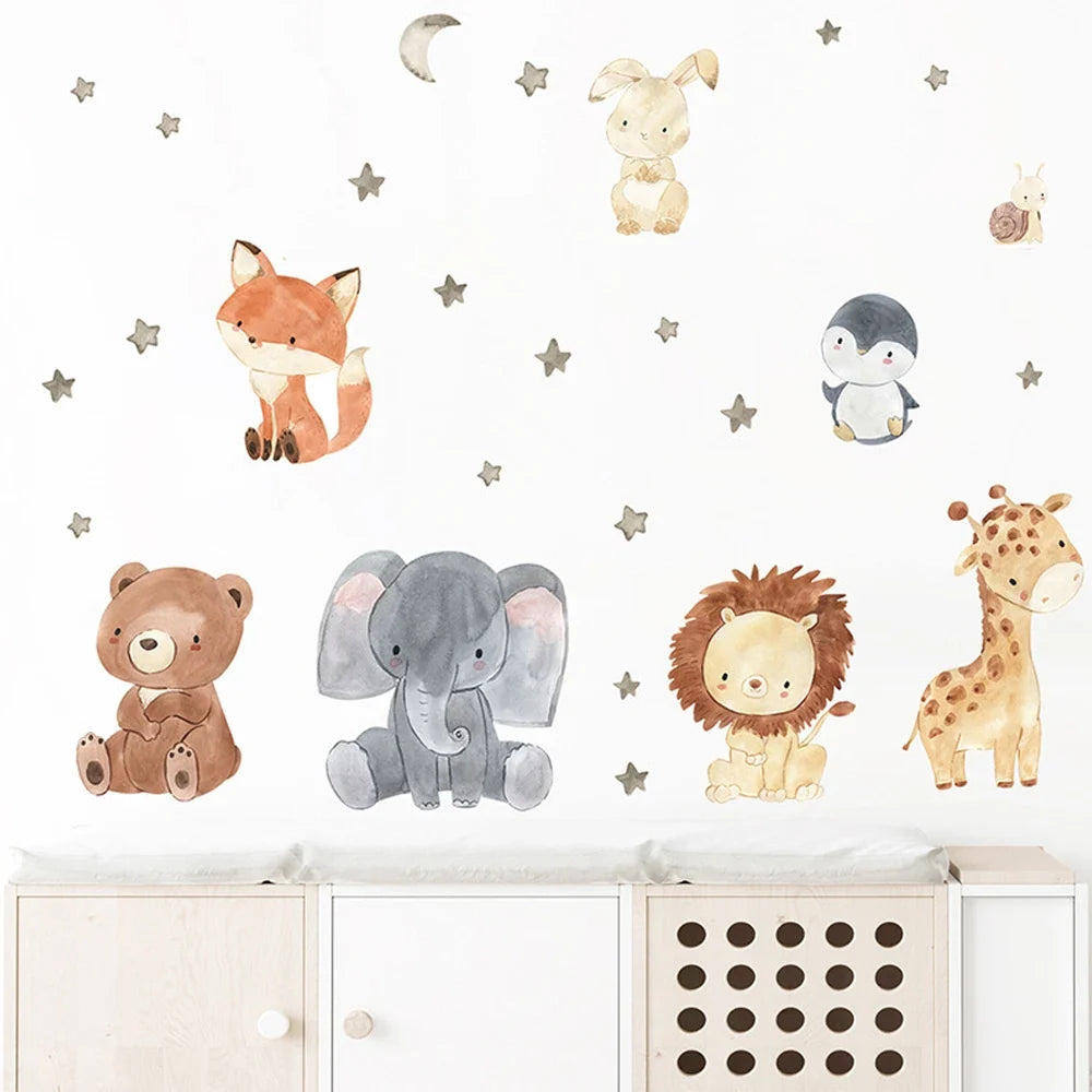 Watercolor Africa Animals Wall Decals – Elephant, Giraffe, Bear & Fox Kids Room Sticker (130×40 cm / 51×17 in)