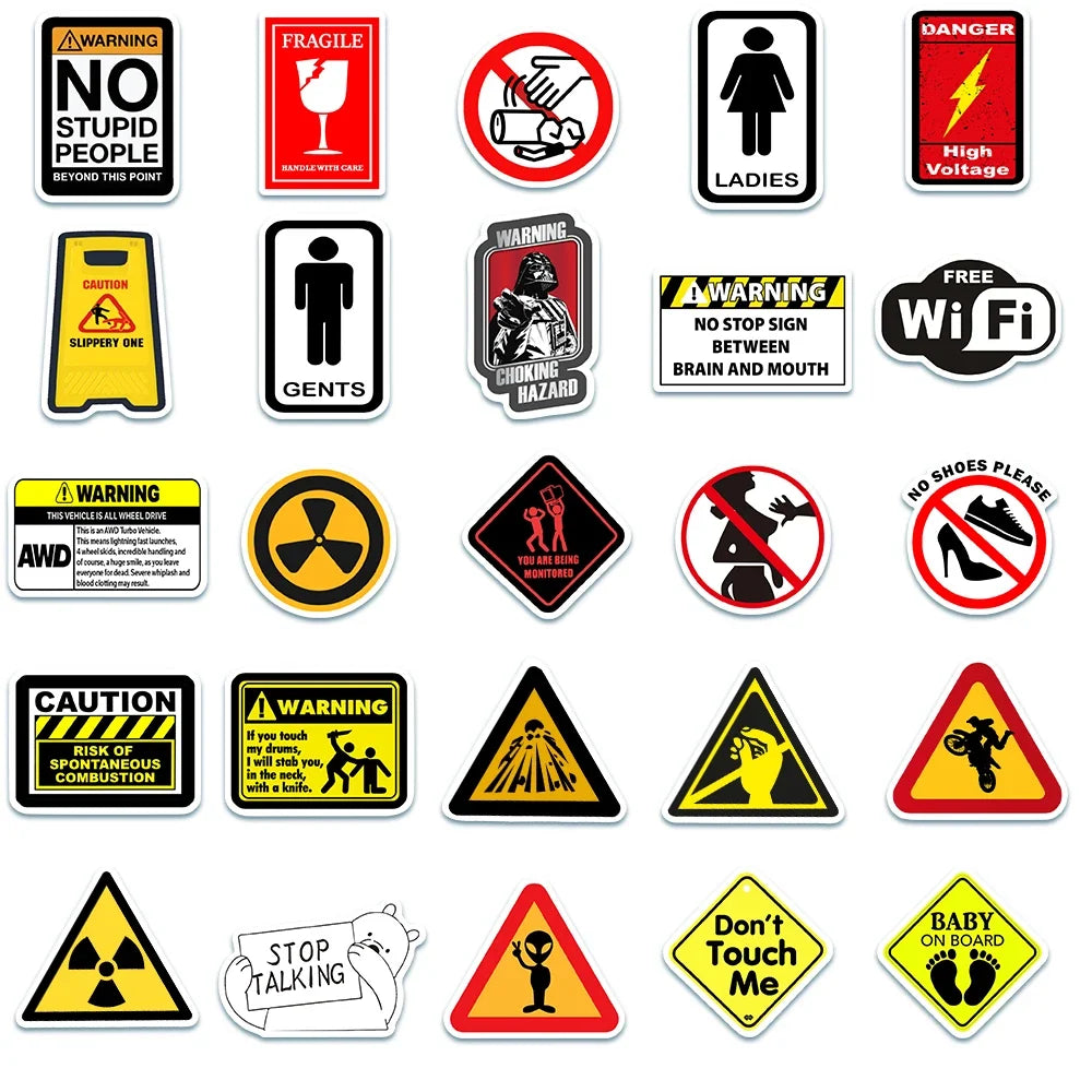 Funny Warning Sign Vinyl Sticker Pack, 50 Pieces