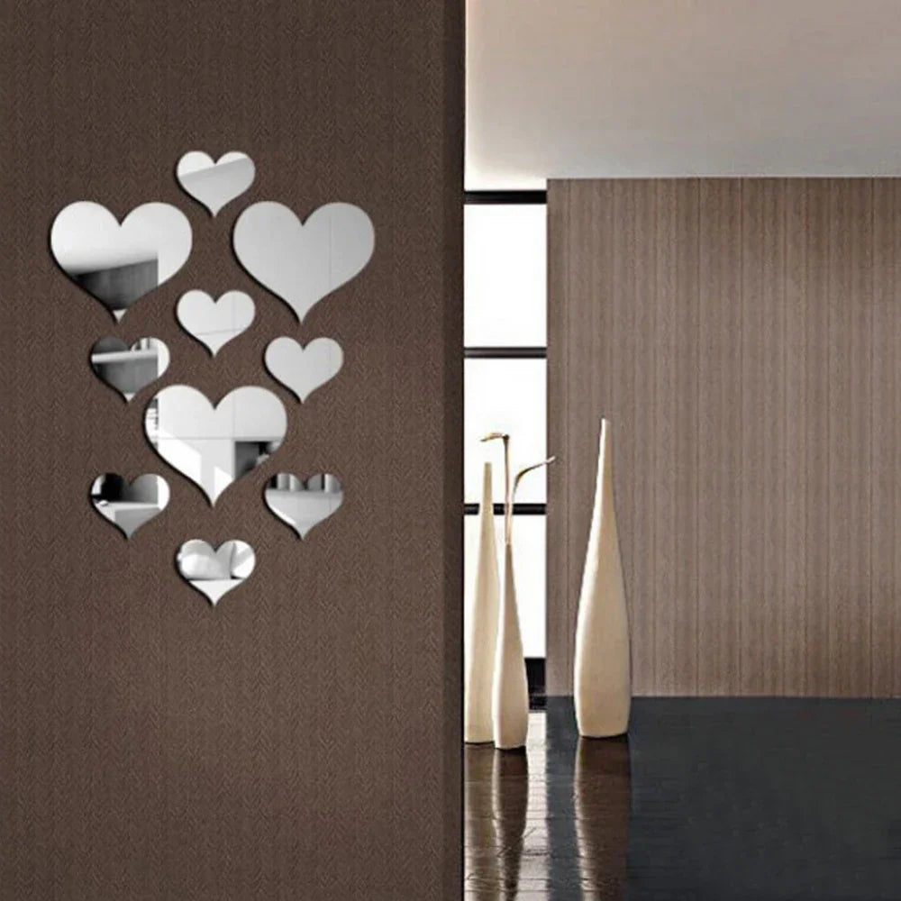 10Pcs Acrylic Love Heart Wall Stickers | Mirror 3D Decals for Home Decor