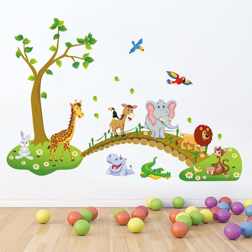 Jungle Animals Tree Lion Giraffe Elephant Wall Decals Stickers